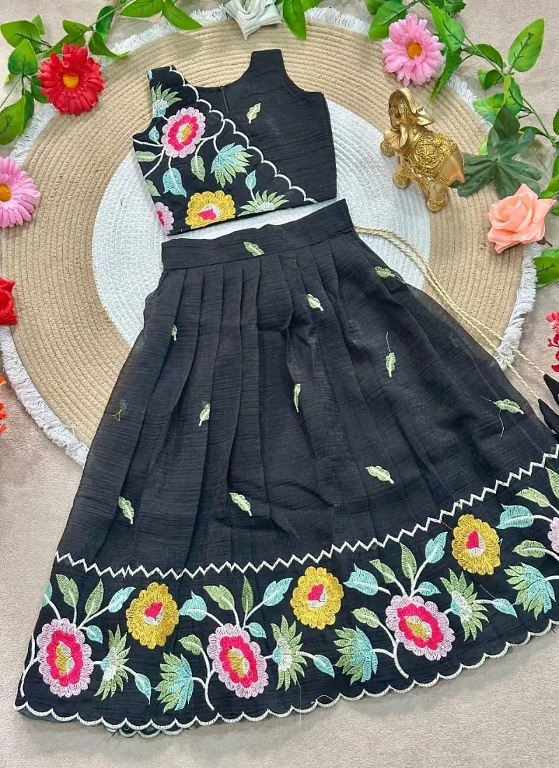 Ajd 8202 Crunchy Silk Floral Embroidery Work Kids Lehenga Choli